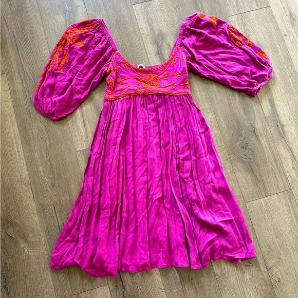 Free People Vibrant Purple & Orange Puffy Sleeve Princess Dress Cottagecore - Picture 1 of 3